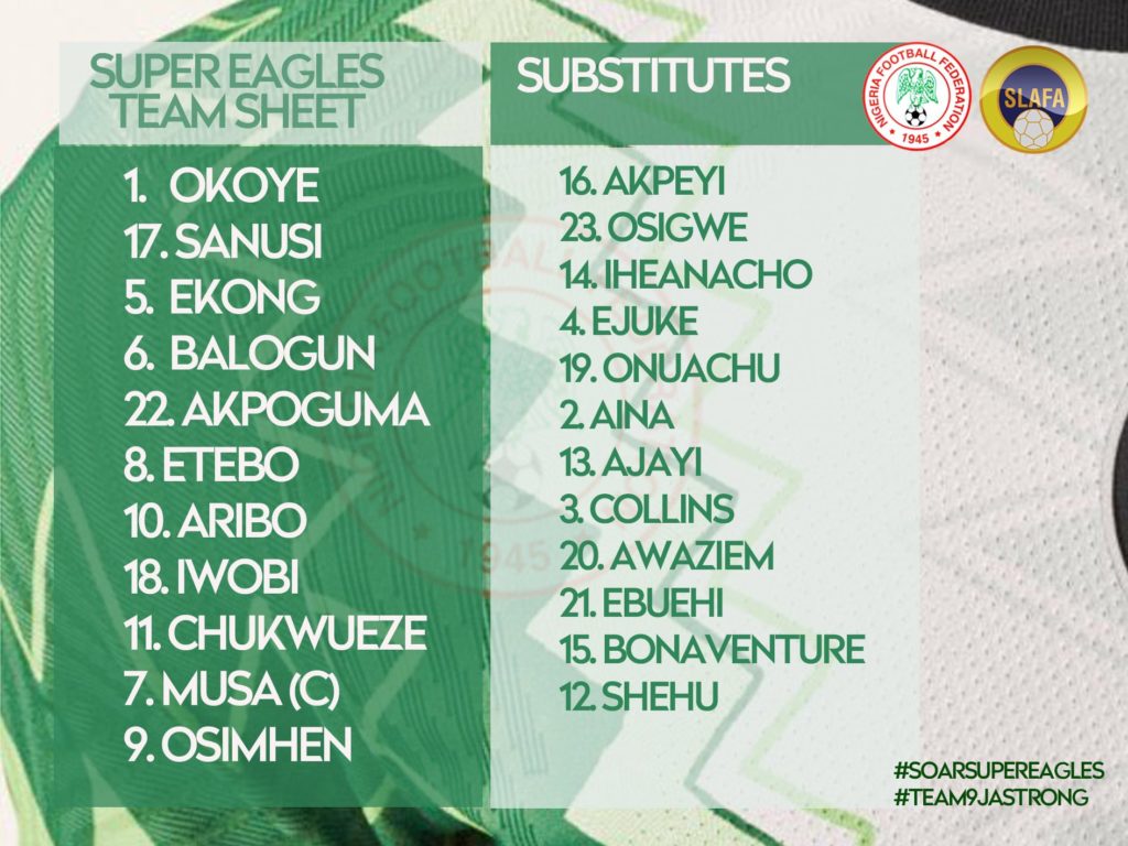 Nigeria Vs Sierra Leone: Confirmed Lineup Out 1 suppp