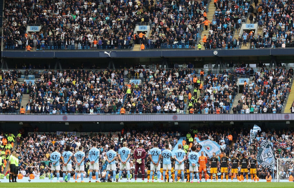 Players gather before the Premier League anthem
