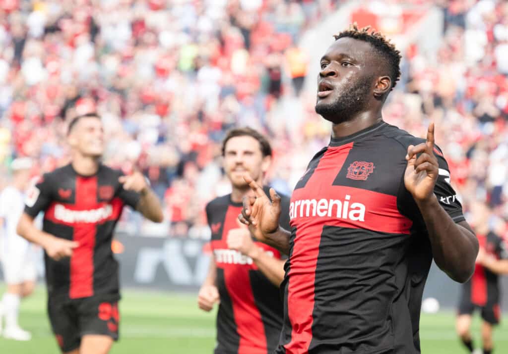Leverkusen's Victor Boniface celebrates the 1:0. 