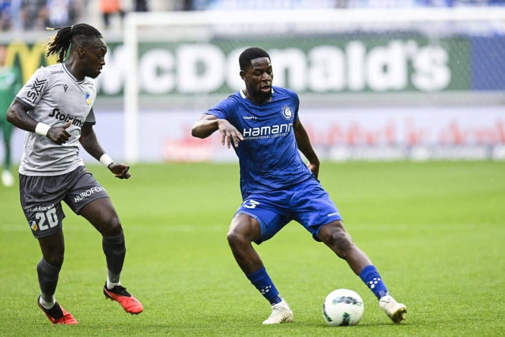 Gent's Jordan Torunarigha pictured in action during a football game between Belgian KAA Gent and Cypriot APOEL FC Nicosia