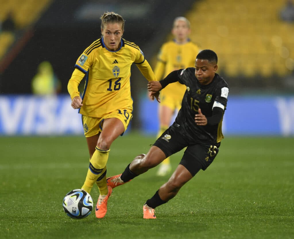 Refiloe Jane of South Africa challenges Angeldal Filippa of Sweden during the FIFA Womens World Cup match
