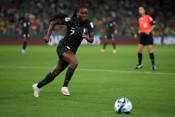 Toni Payne on the ball for the Super Falcons Toni Payne Biography – Career, salary, net worth, husband