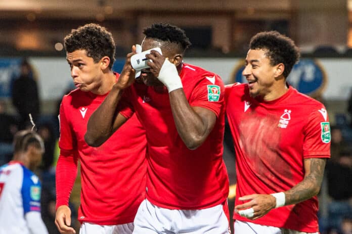 Taiwo Awoniyi celebrates scoring with Johnson and Lingard Forest may sell Johnson as Taiwo Awoniyi more important for staying up