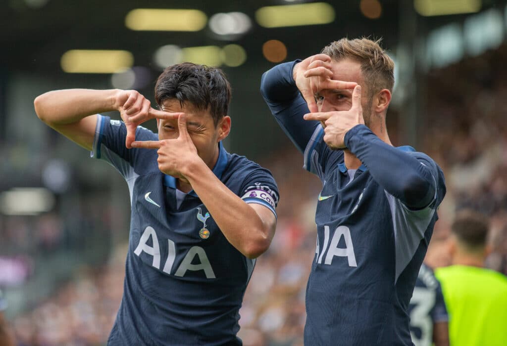 James Maddison of Tottenham Hotspur celebrating with Son