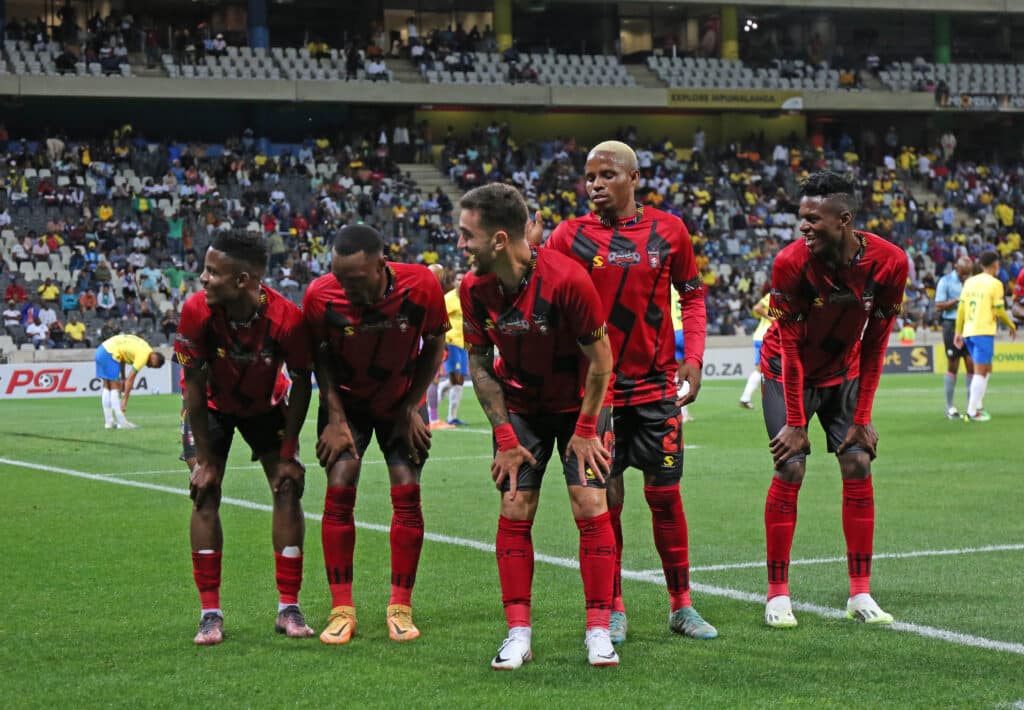 TS Galaxy vs Mamelodi Sundowns: Penalty heartbreak again for Masandawana 1 TS Galaxy players celebrating a goal against Mamelodi Sundowns