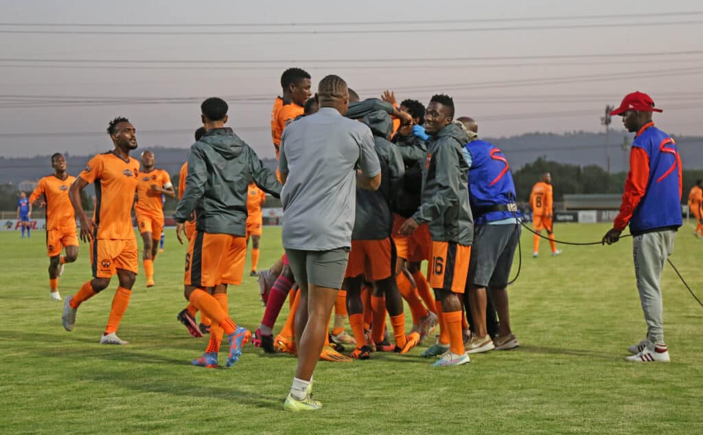 Oswin Appollis of Polokwane City celebrates goal with teammates during the 2023 Carling Knockout Cup